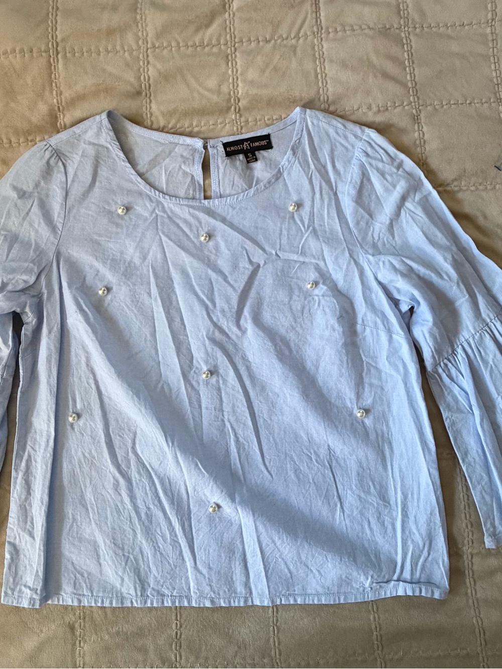Almost Famous Pearl Embellished Bell Sleeve Blouse – Size Small